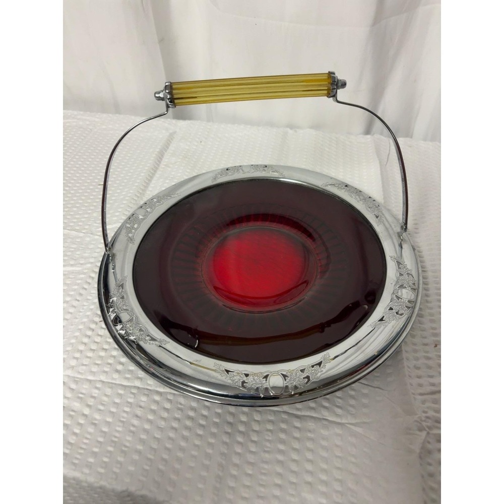 Vintage Art Deco Ruby Red Glass Chrome Handled Serving Platter Tray 11"